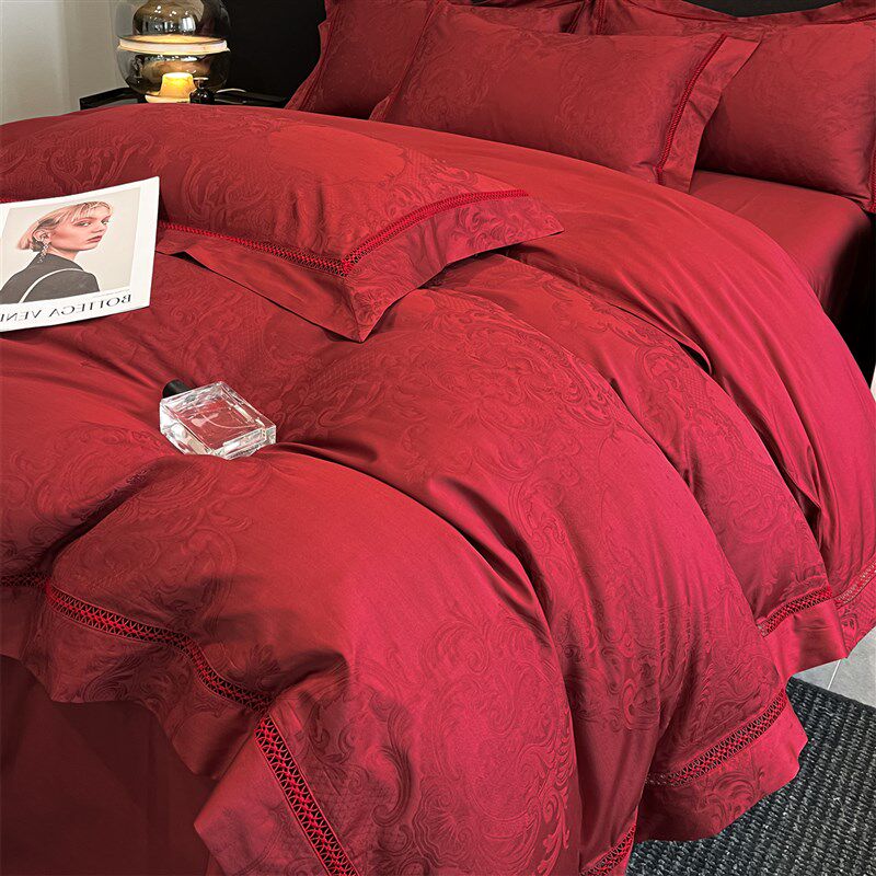 高档100支结婚四件套纯棉全棉2025新款大红色喜被婚庆婚床上用品4
