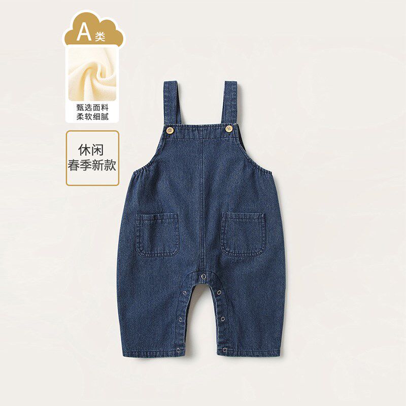 2025春季新款韩版婴儿软糯牛仔背带裤男女宝宝兔耳朵毛球连体衣