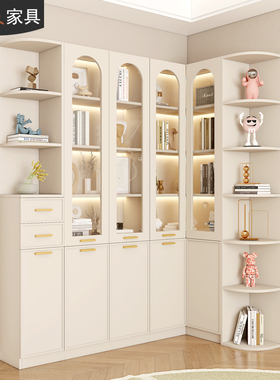 奶油风转角书柜带门落地书架置物架墙角F柜多层收纳储物柜7F38-1