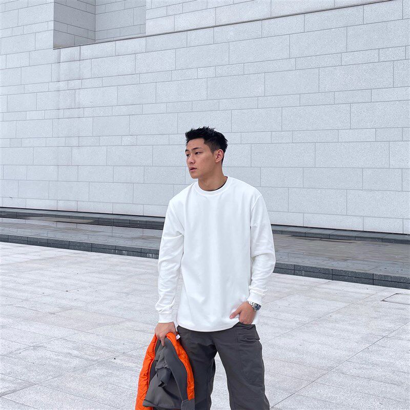 大码300斤美式纯色重磅打底衫男士圆领保暖基础款秋冬长袖简约T恤