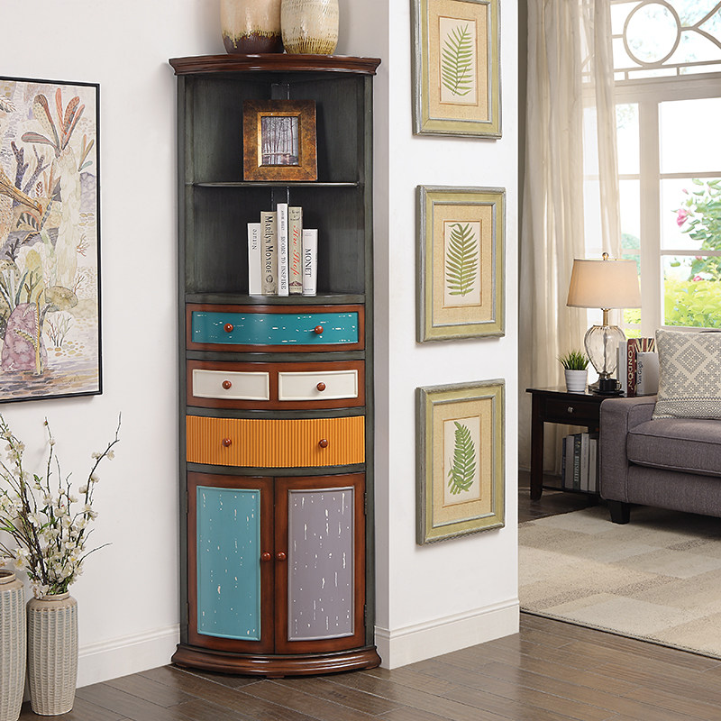 美式乡村角柜客厅三角柜彩绘墙角C柜置物架欧式转角酒柜实木转角