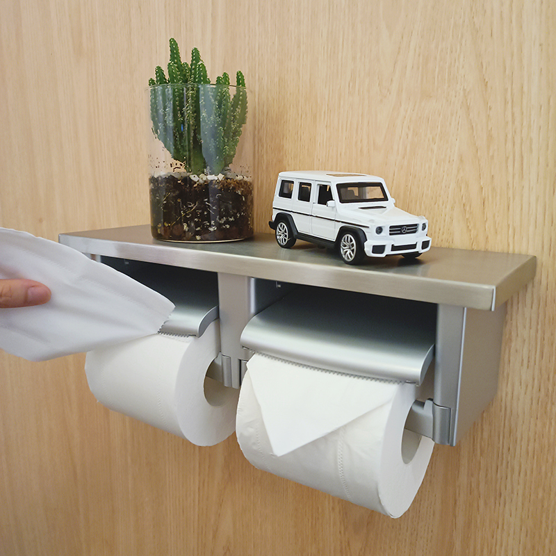 免打孔酒店纸巾架卫生间厕所304不锈钢防水双卷纸器收纳盒置物架