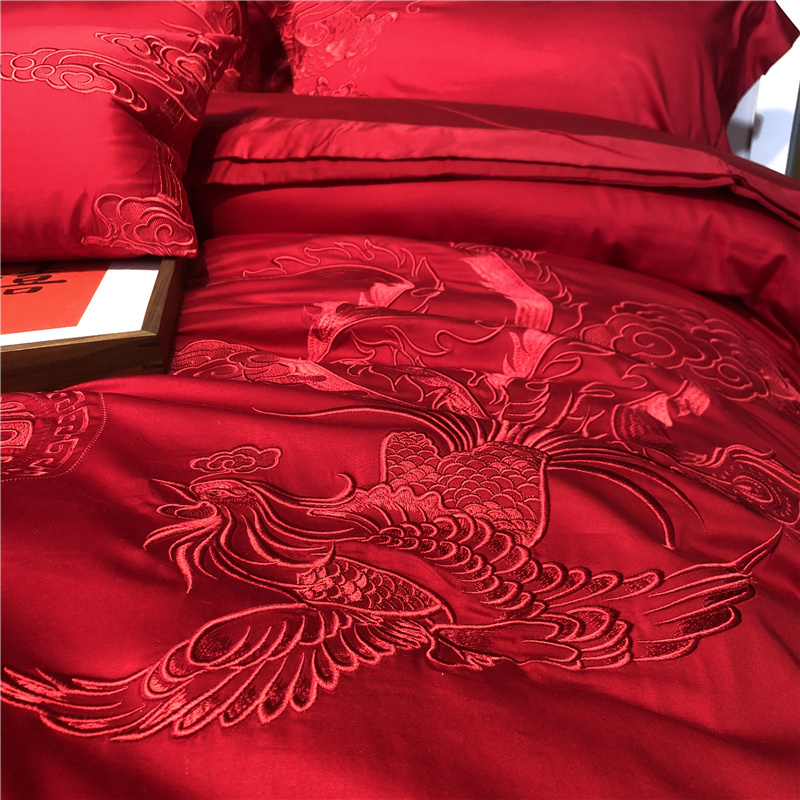 高端140支匹马棉刺绣四件套全棉大红色婚庆陪嫁结婚被套新婚床品
