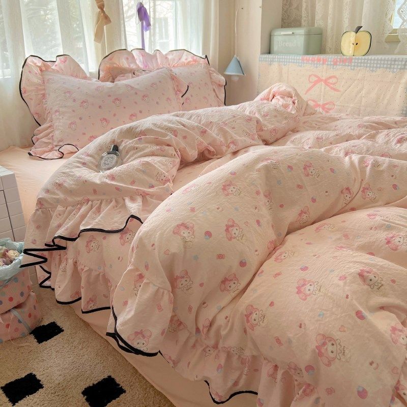 ins法式床上四件套全棉花边双层纱被套纯棉床单少女心宿舍三件套4