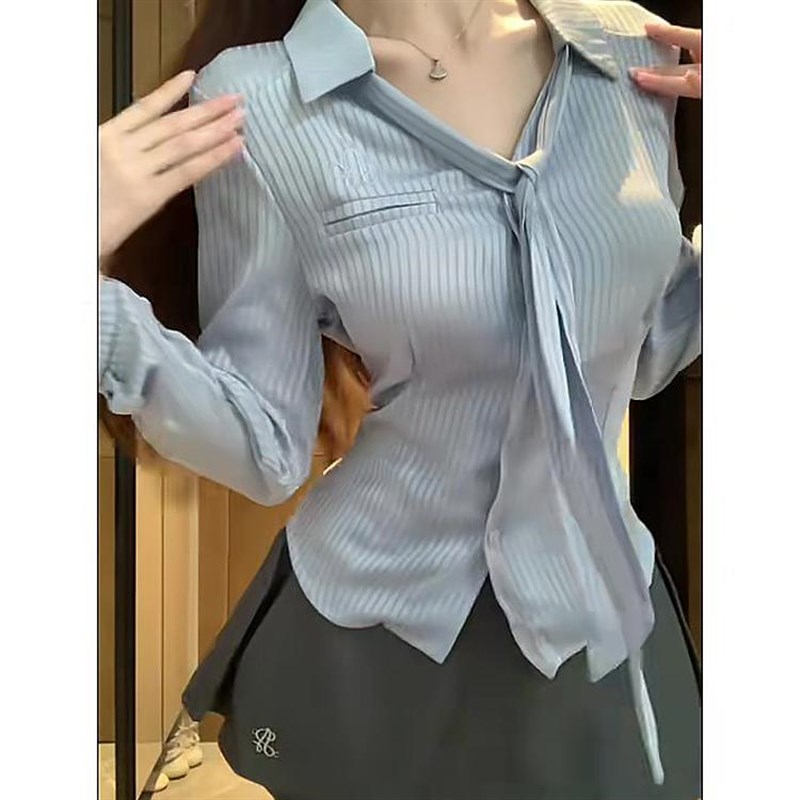 学院风领a带条纹收腰长袖衬衫女秋季新款纯欲风甜辣妹半身裤裙套