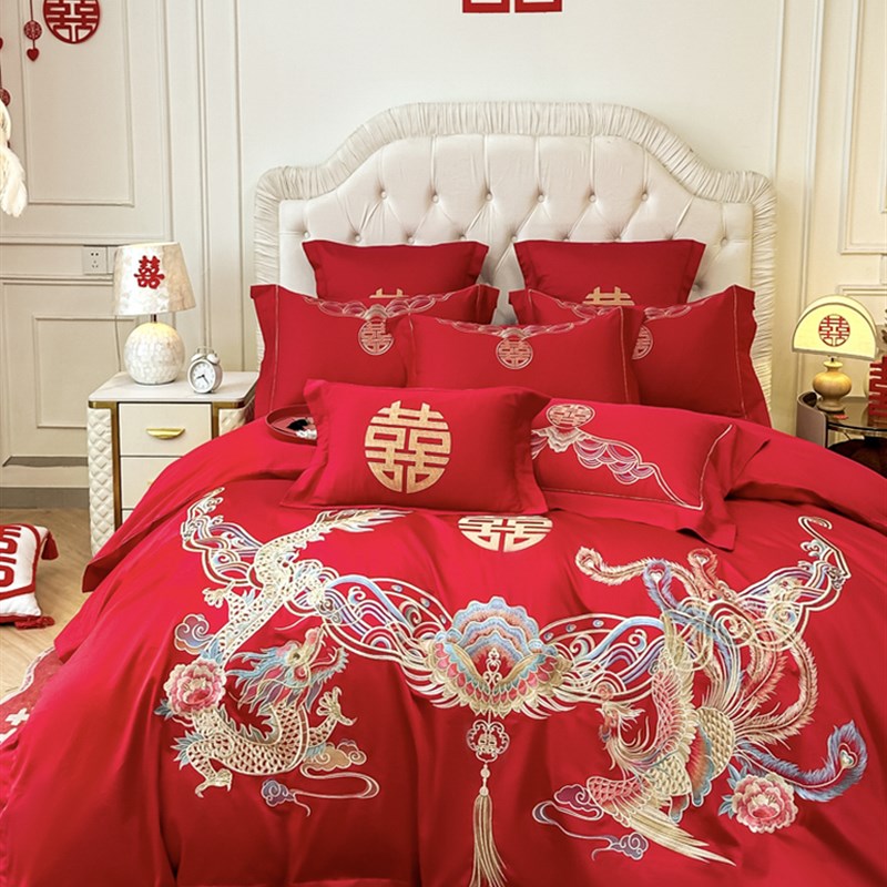 高档中式龙凤刺绣四结婚四件套大红色新婚房被套床单婚庆床上用品