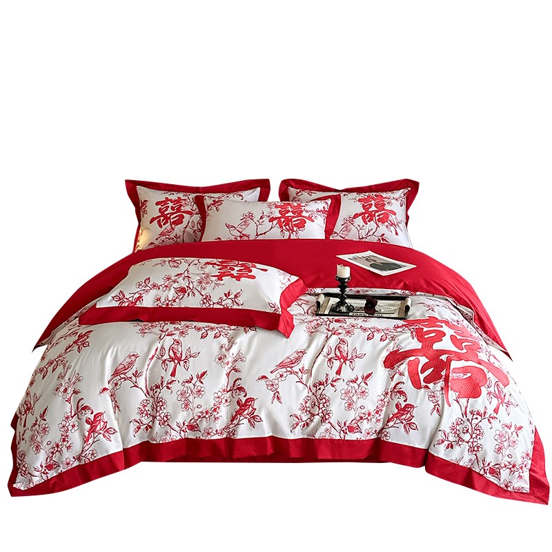 浪漫婚庆红色100S长绒棉四件套纯棉新婚陪嫁床上用品结婚床单被套