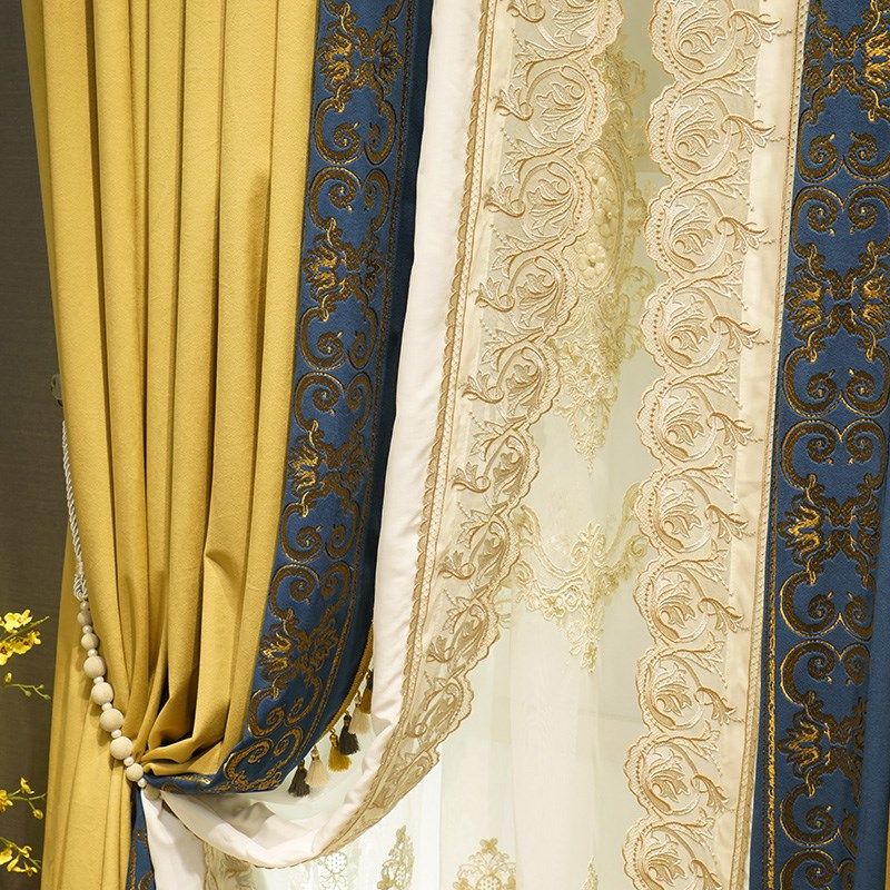 高档欧式客厅丝绒布窗帘纯色加厚宝蓝色金色拼接卧室遮光定制别墅