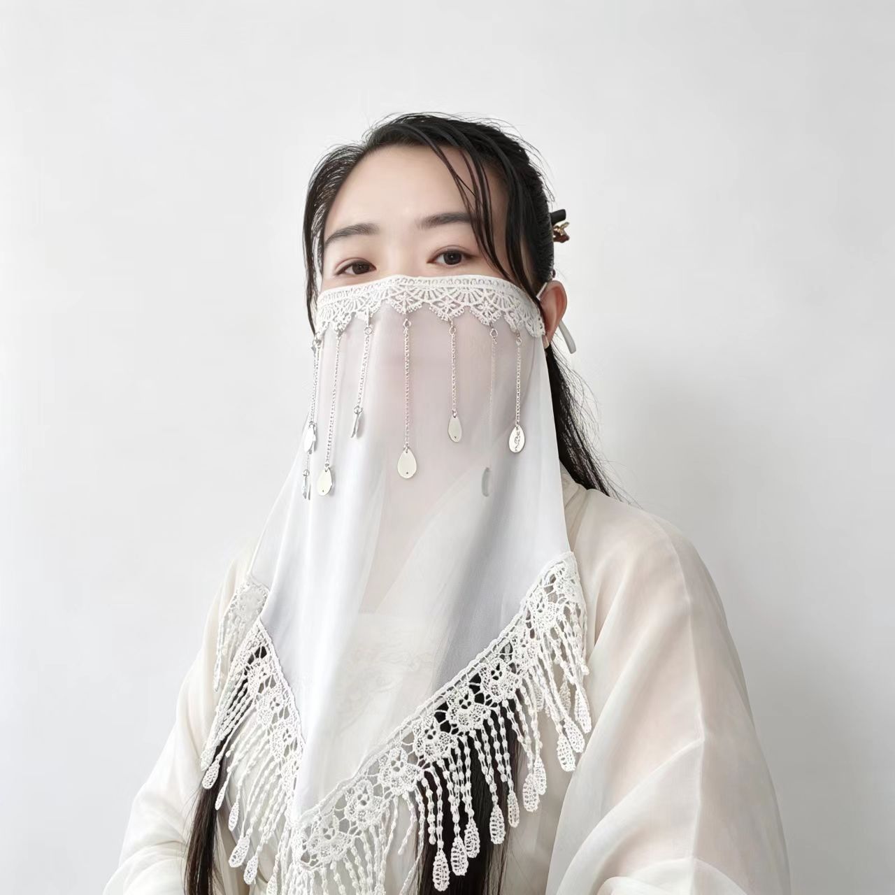 古风汉服面帘水滴流苏防晒遮脸夏