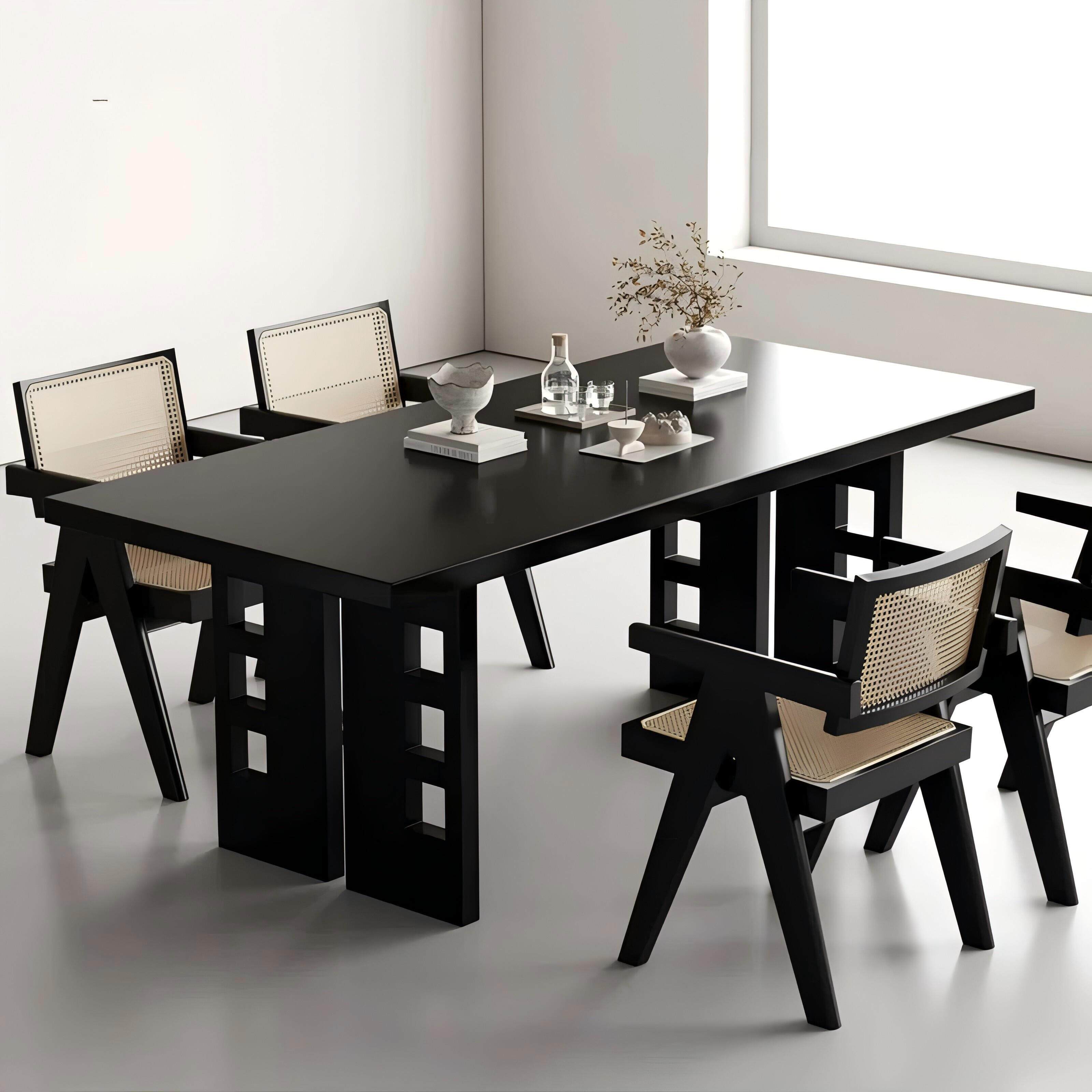 设计师餐桌椅实木组合长方形黑色北欧简约客厅家用书桌工作台