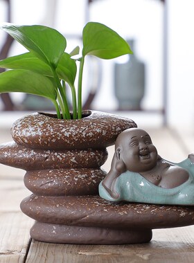 创意水培花盆插画摆件绿萝铜钱草花盆小和尚花器桌面博古架装饰