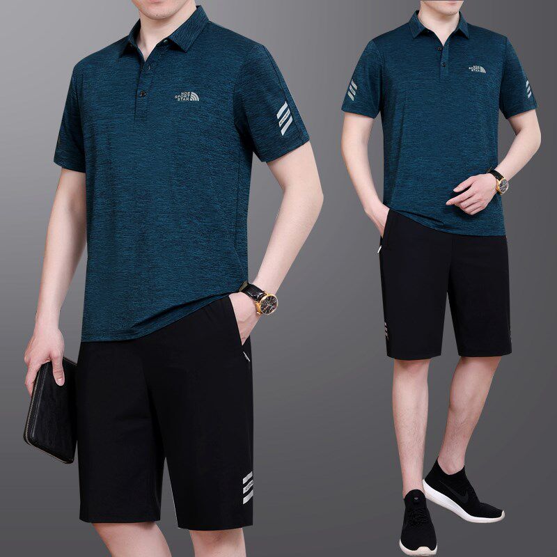 夏季中年爸爸男士冰丝薄款短袖短裤两件套大码跑步休闲运动服套装