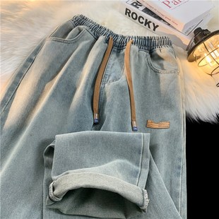 bf显瘦复古宽松阔腿老爹裤 200斤长裤 女春秋胖mm大码 松紧腰牛仔裤