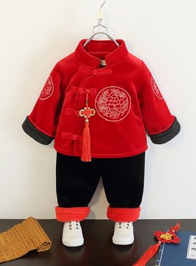 宝宝唐装冬装1岁男童加绒套装2儿童装3女童拜年0新年衣服周岁礼服