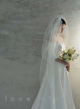 头纱新娘主婚纱双层高级简约森系韩式蓬蓬纱白色结婚礼服头饰短款