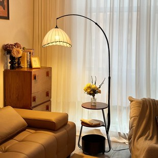 钓鱼灯落地灯客厅沙发置物茶几一体卧室中古高级侘寂复古落地台灯