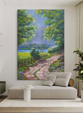 森林小路手绘油画l绿色树木玄关装饰壁画湖泊花卉风景客厅丙烯挂
