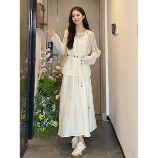 开春气质穿搭白色罩衫吊带连衣裙子女夏季2025新款高级感套装长裙