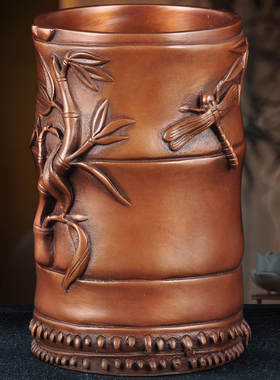 紫铜蝉竹笔筒摆件中式铜笔筒家居客厅办公室桌面装饰品商务礼品