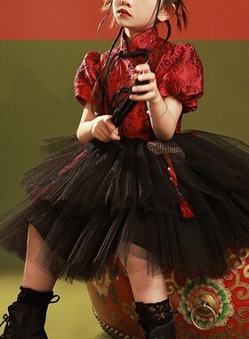 23红色女童礼服走秀中国风公主裙旗袍儿童M生日宴女孩演出服两件