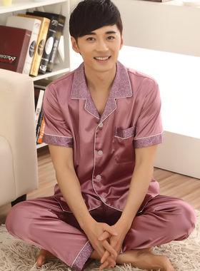 春秋季真丝睡衣男式长袖开衫薄款丝绸男士冰丝短袖两件套装加大码