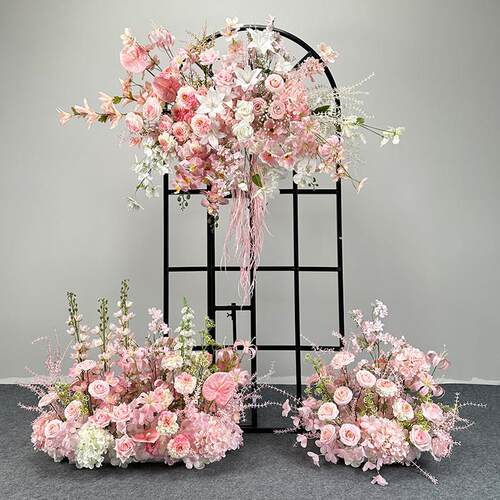 粉色婚庆绢花成品地排花装饰花排路引T台婚礼仿真花橱窗迎宾布置