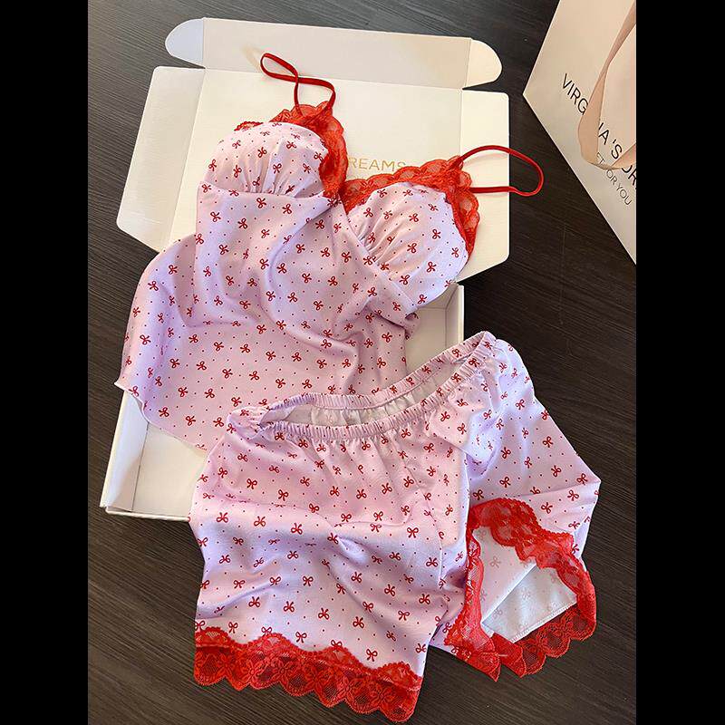 纯欲甜美蝴蝶结蕾丝边带胸垫吊带睡衣女夏款凉感冰丝家居服两件套
