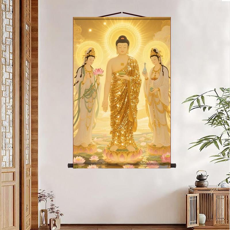 西方三圣画像挂画 阿弥陀佛接引图卷轴画 高清佛堂绢布佛像画