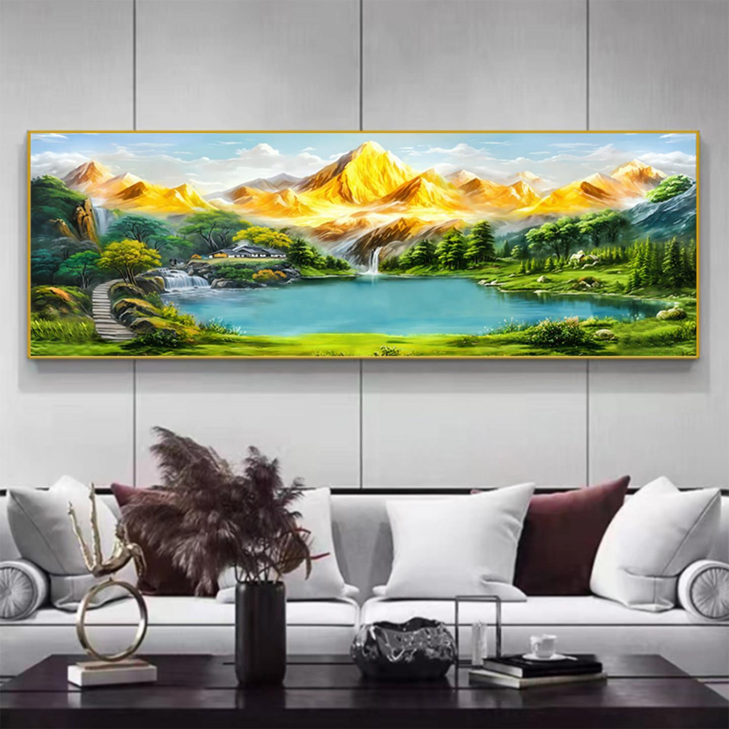 背靠金山聚宝盆沙发背景挂画办公晶瓷装饰画横幅画新中式装饰画