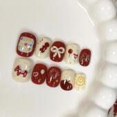 新年红色穿戴甲短方可爱小马波点蝴蝶结招财旺运喜庆美甲甲片显白