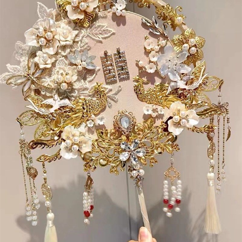 新娘结婚团扇双面双色中式婚礼秀禾服高级重工手工diy材料包喜扇