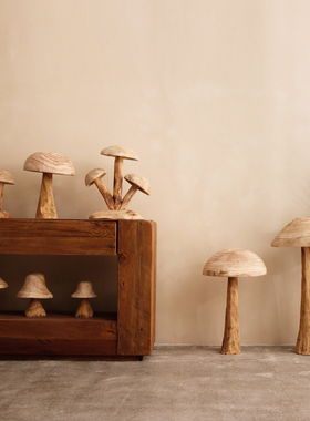 木质蘑菇摆件侘寂风摆放落地艺术品创意民宿花园庭院造景软装摆设