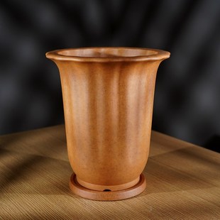 加高特高新款 高档精品宜兴名家秦夕洪柴烧筋纹金钟紫砂兰花盆景盆