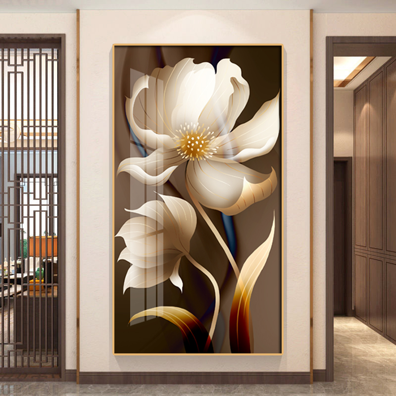 富贵牡丹入户玄关装饰画现代简约走廊过道壁画竖版背景墙挂画墙画