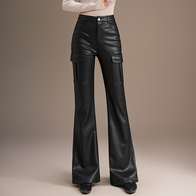 工装风高腰微喇黑色显瘦皮裤