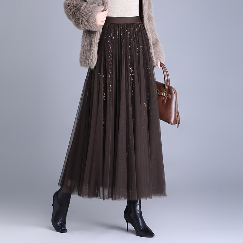 亮片网纱半身裙女2025秋冬新款超仙中长款松紧腰高腰显瘦大摆裙子