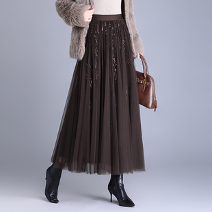 亮片网纱半身裙女2025秋冬丝绒超仙中长款 松紧腰高腰显瘦大摆裙子