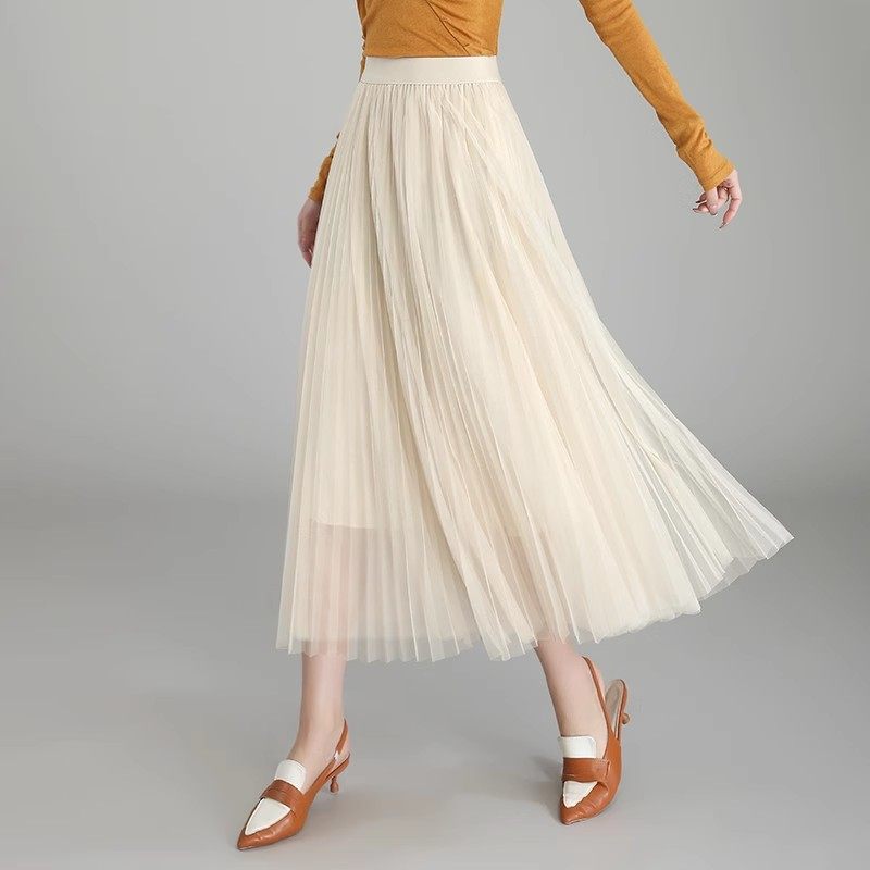 一爱难求2026春季新款百褶网纱半身裙女中长款短裙修身显瘦坠性好