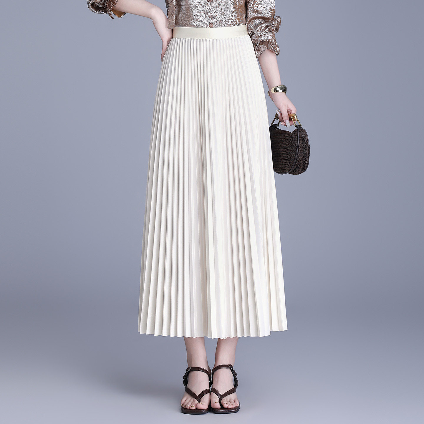 百搭百褶裙米白半身裙女2026春夏新款高腰显瘦垂坠感中长款a字裙