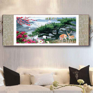 定做丝绸卷轴画鹿鹤同春挂画横幅贺寿祝寿图礼品年画现代中式壁画