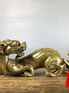 纯黄铜实心螭龙摆件书房办公室桌面镇纸压尺笔架笔搁招财茶宠铜器