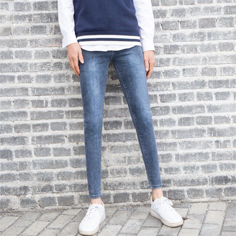 2024春季新款铁蓝灰色紧身小脚牛仔裤男款韩国高弹力小腿修身裤子