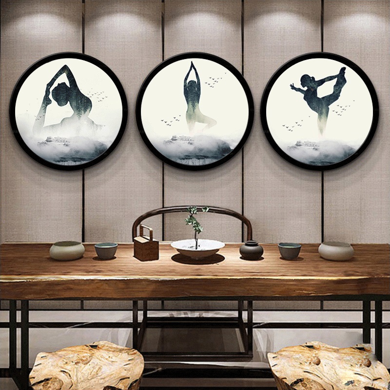 圆画中国风瑜伽馆房背景墙面装饰教室禅意圆形人物艺术挂画墙壁画图片
