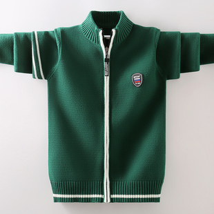 男童开衫毛衣2023年新款潮中大童加绒加厚纯棉针织拉链衫春秋外套