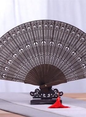 木扇子镂空折叠金丝楠香木中国风古典家居装饰工艺品中式玄关摆件