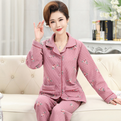 中老年空气夹层纯棉睡衣女长袖春秋加厚老年人妈妈家居服秋冬薄款