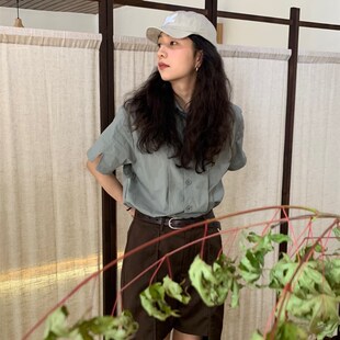 ENTWO 松石绿配色 砂洗棉拼接门襟设计 小众复古短袖衬衫