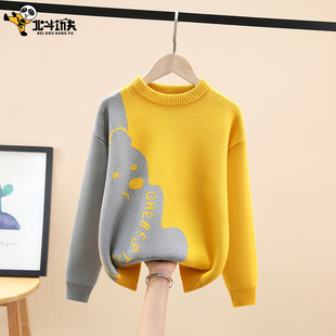 2022新款男童毛衣套头儿童圆领中大童秋冬季加绒加厚男孩针织衫潮