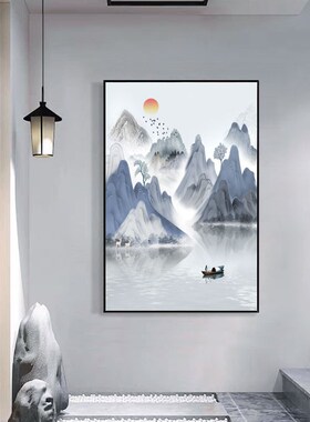 新中式玄关装饰墙画竖版禅意客厅山水挂画中国风书房茶室水墨壁画