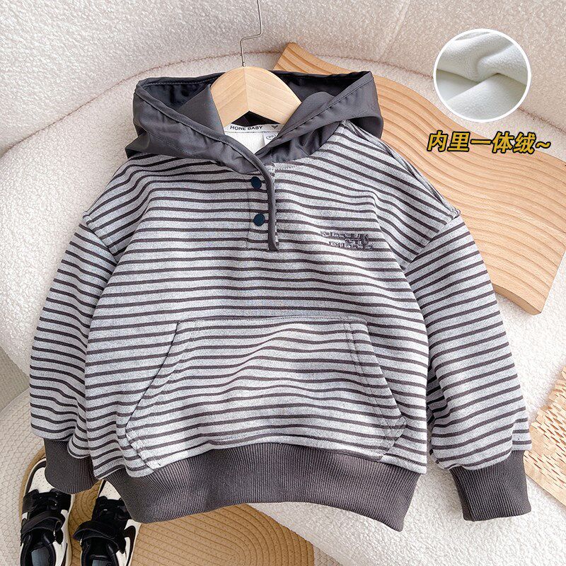 男童加绒卫衣秋冬儿童条纹加厚上衣一体绒宝宝冬季休闲连帽套头衫